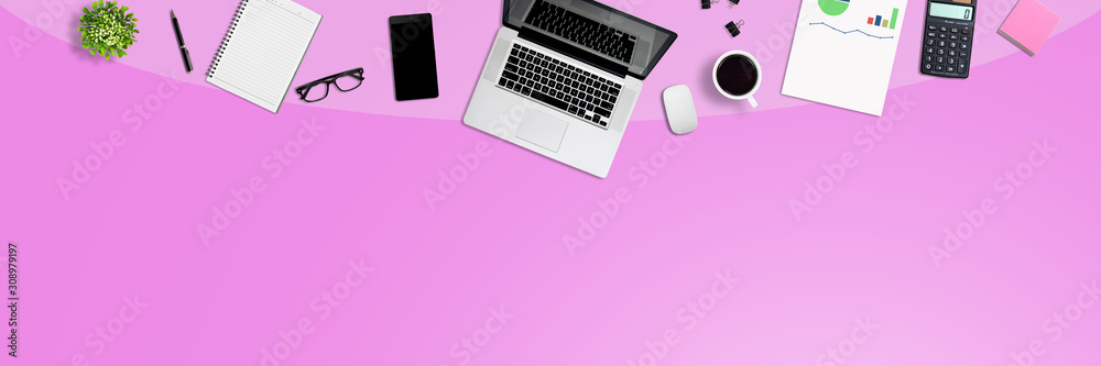 Top view office desk and supplies with copy space. Creative flat lay photo of workspace desk - panoramic background