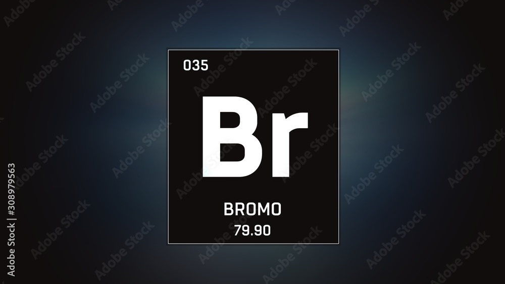 3D illustration of Bromine as Element 35 of the Periodic Table. Grey  illuminated atom design background with orbiting electrons. Name, atomic  weight, element number in Spanish language Stock Illustration | Adobe Stock