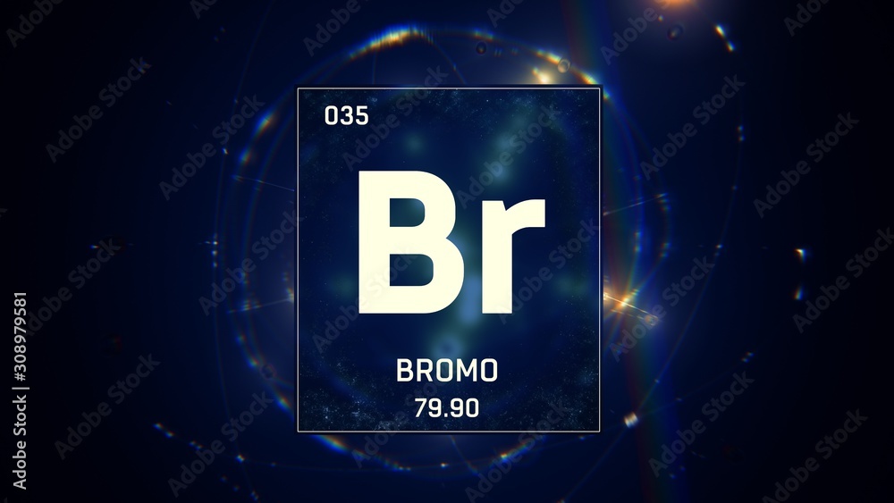 3D illustration of Bromine as Element 35 of the Periodic Table. Blue illuminated atom design background with orbiting electrons. Name, atomic weight, element number in Spanish language 3D illustration of Bromine as Element 35 of the Periodic Table. Blue illuminated atom design background with orbiting electrons. Name, atomic weight, element number in Spanish language