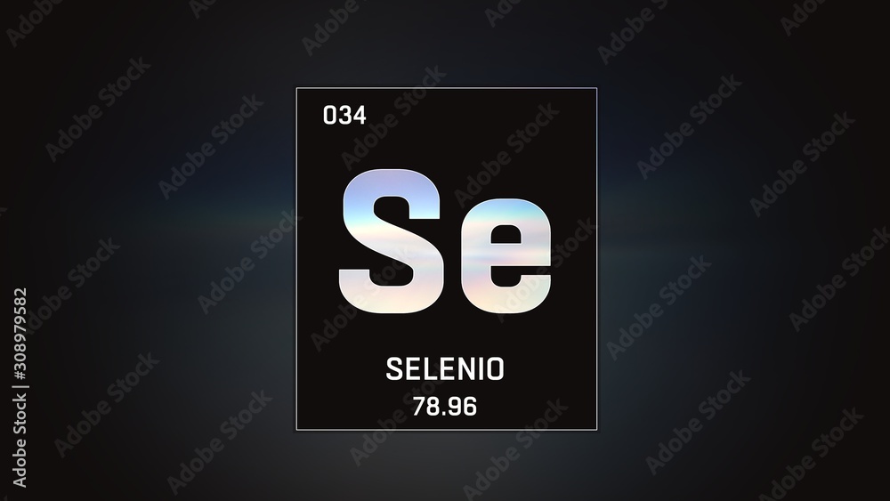 3D illustration of Selenium as Element 34 of the Periodic Table. Grey illuminated atom design background with orbiting electrons. Name, atomic weight, element number in Spanish language 3D illustration of Selenium as Element 34 of the Periodic Table. Grey illuminated atom design background with orbiting electrons. Name, atomic weight, element number in Spanish language