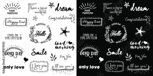 Vector set of inscriptions about love, words of motivation and wishes. Vector lettering. Vector doodles - frames, arrows, flowers, hearts, stars.