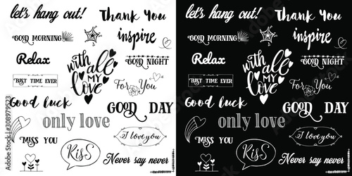 Vector set of inscriptions about love, words of motivation and wishes. Vector lettering. Vector doodles - frames, arrows, flowers, hearts, stars.