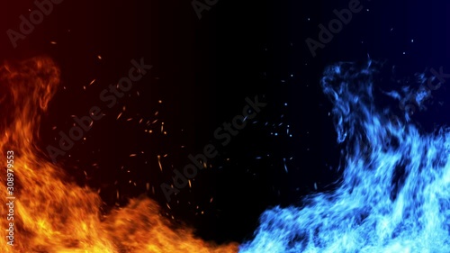 Fire and Ice with spark concept design on black background. Illustration.