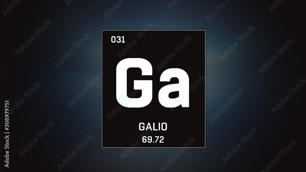 3D illustration of Gallium as Element 31 of the Periodic Table. Grey illuminated atom design background with orbiting electrons. Name, atomic weight, element number in Spanish language