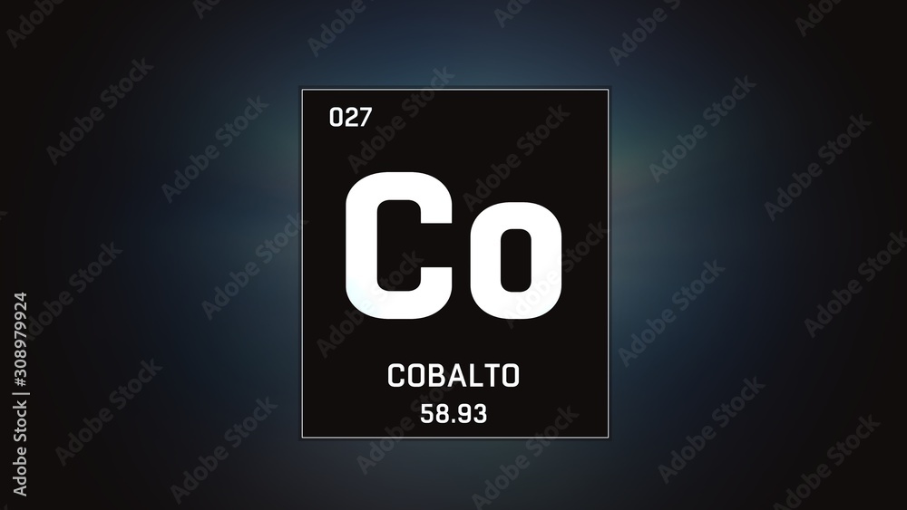 3D illustration of Cobalt as Element 27 of the Periodic Table. Grey illuminated atom design background with orbiting electrons. Name, atomic weight, element number in Spanish language 3D illustration of Cobalt as Element 27 of the Periodic Table. Grey illuminated atom design background with orbiting electrons. Name, atomic weight, element number in Spanish language