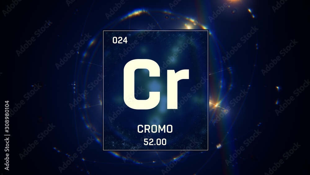 3D illustration of Chromium as Element 24 of the Periodic Table. Blue illuminated atom design background with orbiting electrons. Name, atomic weight, element number in Spanish language 3D illustration of Chromium as Element 24 of the Periodic Table. Blue illuminated atom design background with orbiting electrons. Name, atomic weight, element number in Spanish language