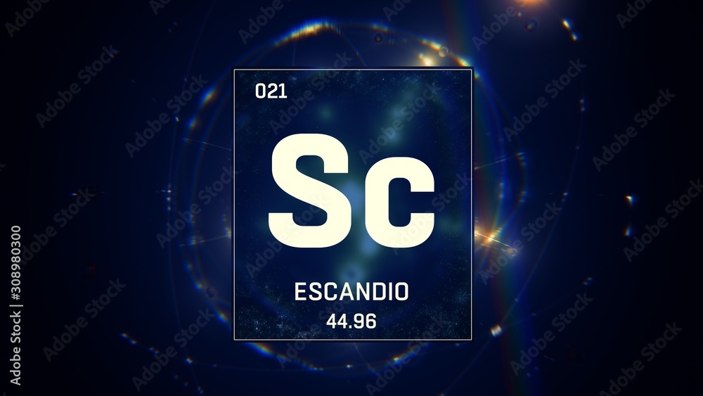 3D illustration of Scandium as Element 21 of the Periodic Table. Blue illuminated atom design background with orbiting electrons. Name, atomic weight, element number in Spanish language 3D illustration of Scandium as Element 21 of the Periodic Table. Blue illuminated atom design background with orbiting electrons. Name, atomic weight, element number in Spanish language