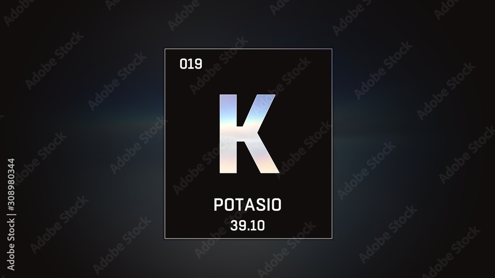 3D illustration of Potassium as Element 19 of the Periodic Table. Grey illuminated atom design background with orbiting electrons. Name, atomic weight, element number in Spanish language 3D illustration of Potassium as Element 19 of the Periodic Table. Grey illuminated atom design background with orbiting electrons. Name, atomic weight, element number in Spanish language