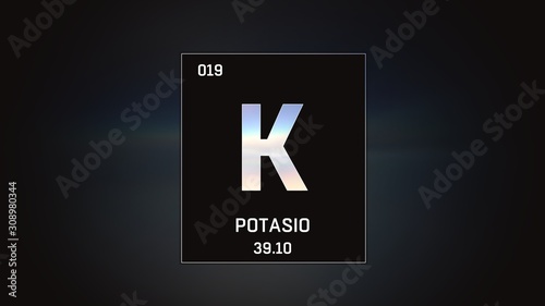 3D illustration of Potassium as Element 19 of the Periodic Table. Grey illuminated atom design background with orbiting electrons. Name, atomic weight, element number in Spanish language