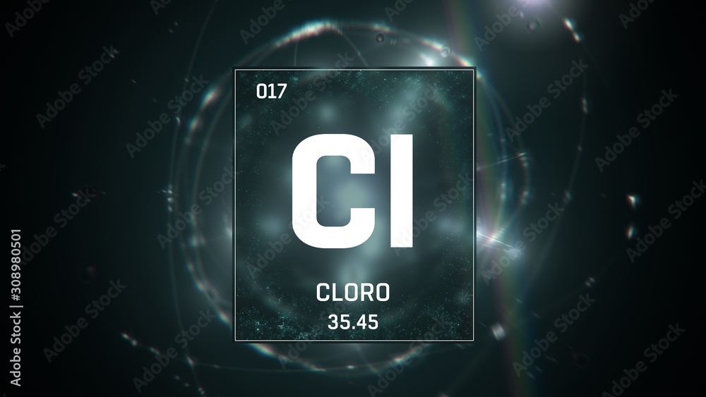 3D illustration of Chlorine as Element 17 of the Periodic Table. Green illuminated atom design background with orbiting electrons. Design shows name, atomic weight and element number 3D illustration of Chlorine as Element 17 of the Periodic Table. Green illuminated atom design background with orbiting electrons. Design shows name, atomic weight and element number