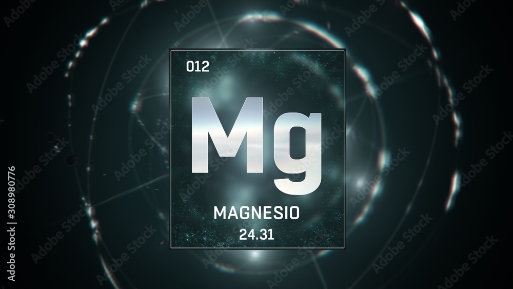 3D illustration of Magnesium as Element 12 of the Periodic Table. Green