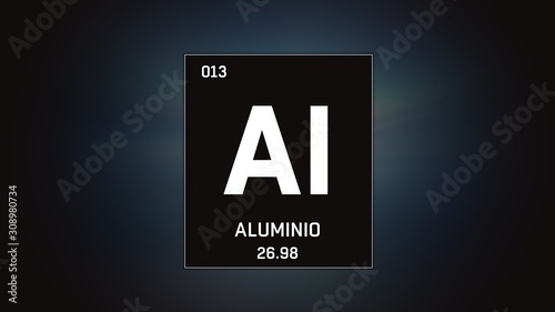 3D illustration of Aluminium as Element 13 of the Periodic Table. Blue illuminated atom design background with orbiting electrons. Name, atomic weight, element number in Spanish language
