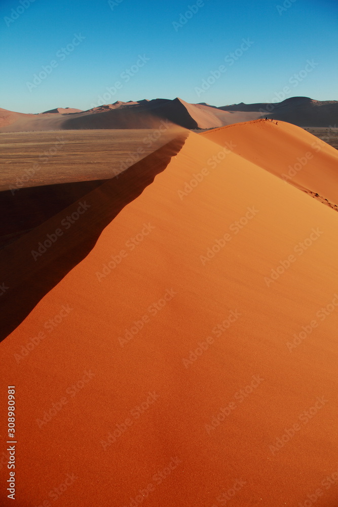 Huge Red sand dunes in Sossusvlei desert in Namibia in the sunrise Huge Red sand dunes in Sossusvlei desert in Namibia in the sunrise