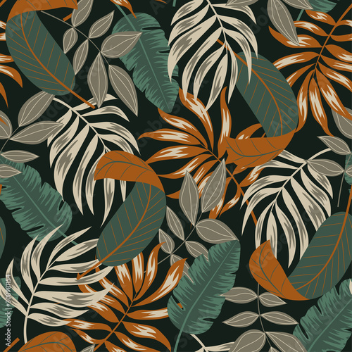 Seamless pattern with tropical leaves on dark background. Trendy summer Hawaii print. Floral pattern. Vector background for various surface. Jungle leaves. Hand draw texture.