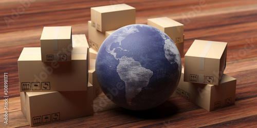 Cardboard moving packages and earth globe on wood home floor. 3d illustration photo