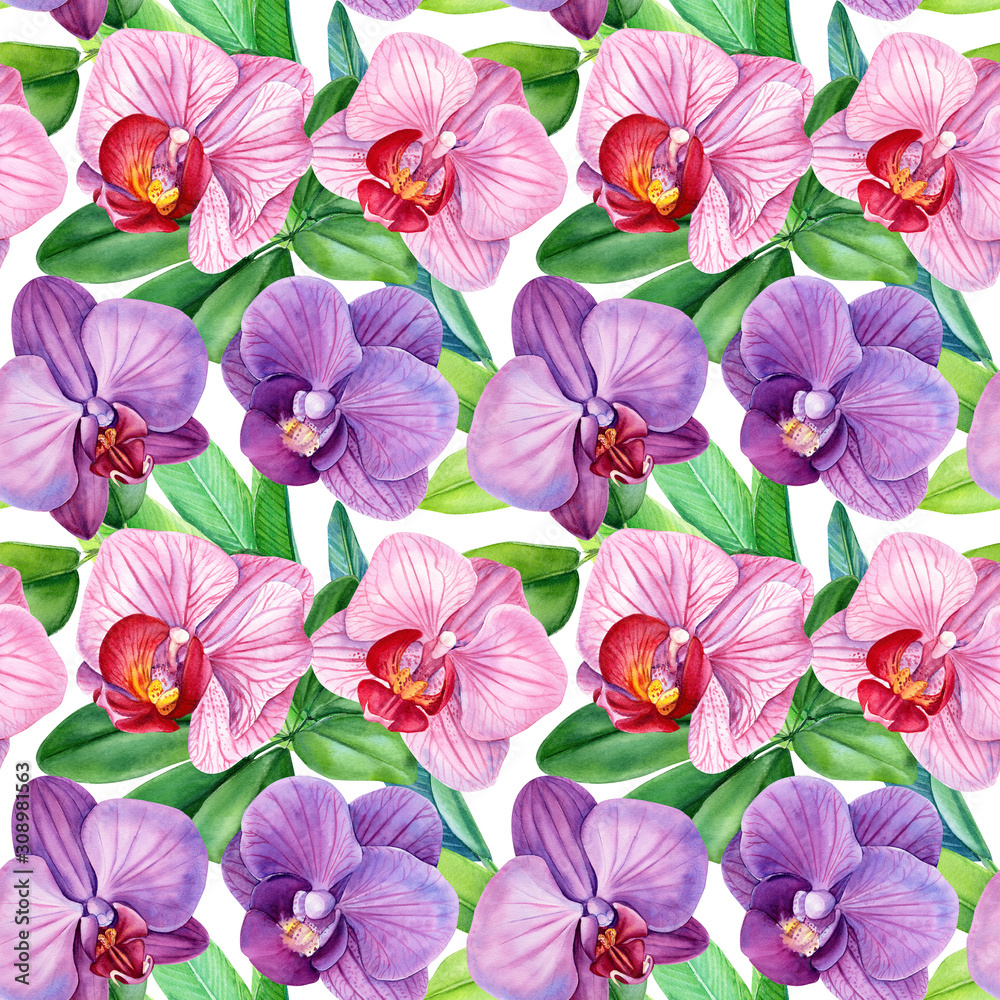 seamless patterns of tropical flowers orchids and green leaves on an isolated white background, watercolor illustration, flora design