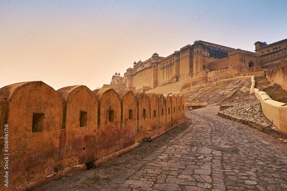 Amber Fort or Amer Fort in Jaipur, India. Mughal architecture medieval fort made of yellow sandstone. Architecture of India