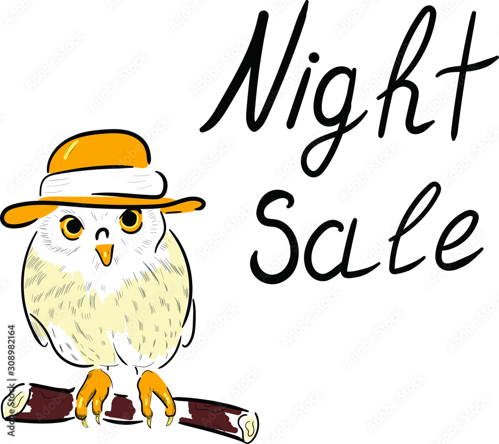 Naklejka premium cute character owl in hat and night sale lettering on white background. Concept for print, web design, cards, label