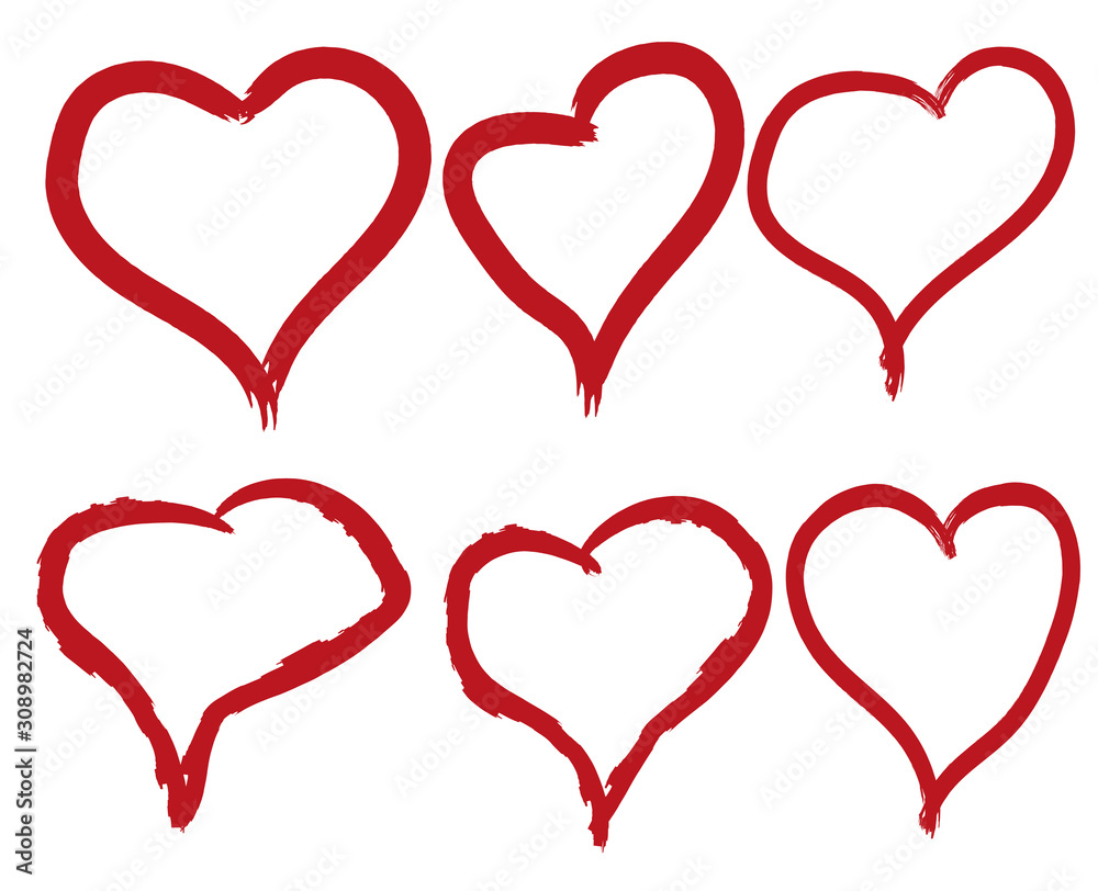 Set of red hearts icons drawn by hand