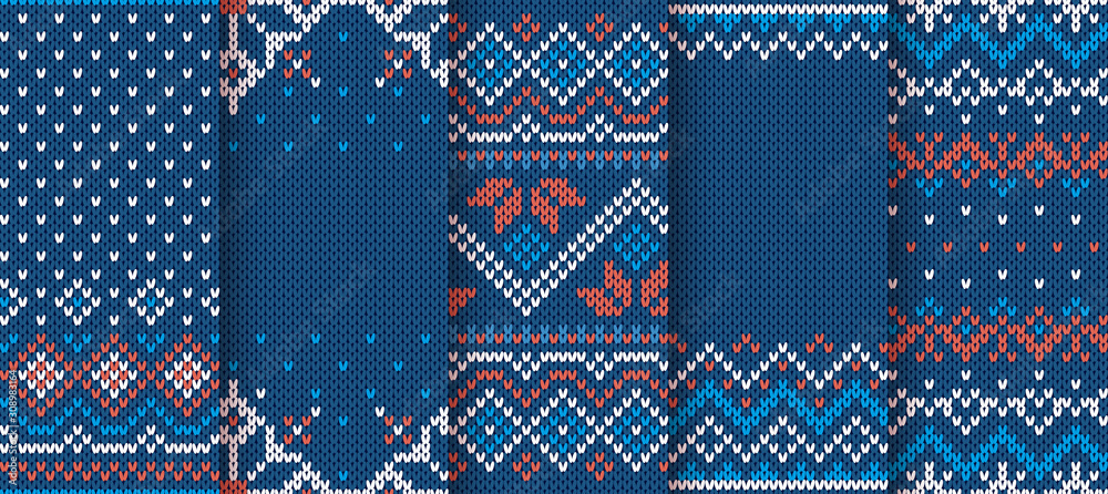 Knit blue print. Christmas seamless pattern. Vector illustration. - obrazy, fototapety, plakaty 