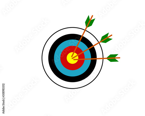 Arrows hitting the bull’s eye or centre of archery target, simple vector illustration