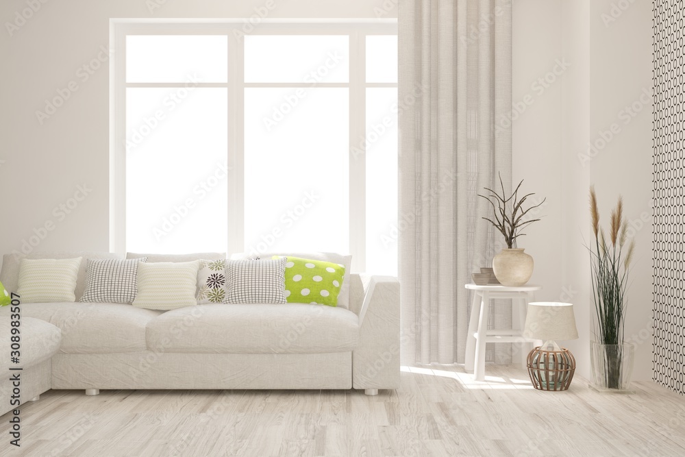 Stylish room in white color with sofa. Scandinavian interior design. 3D illustration Stylish room in white color with sofa. Scandinavian interior design. 3D illustration