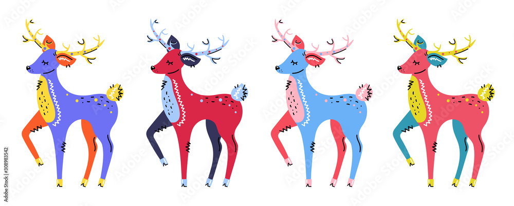 Deers vector hand drawn clipart. Colorful deers. Animals clipart, set. 