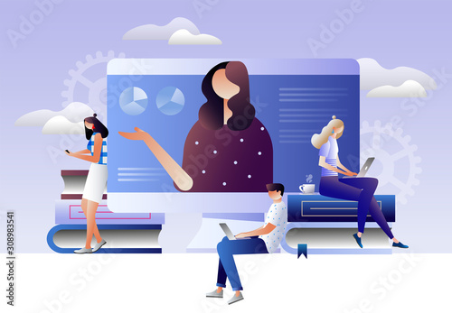 Students e-learning by webinar training and listening to businesswoman with charts on laptop. Webinar, online video training, tutorial podcast concept. Isometric 3D vector illustration