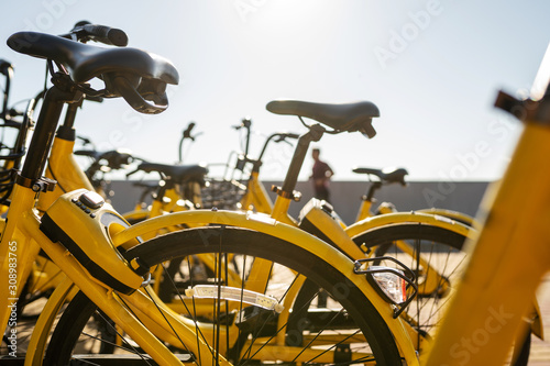 parking of yellow bicycles for rent close-up opposite the sun.