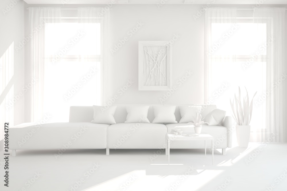 Fototapeta premium Mock up of stylish room in white color with sofa. Scandinavian interior design. 3D illustration