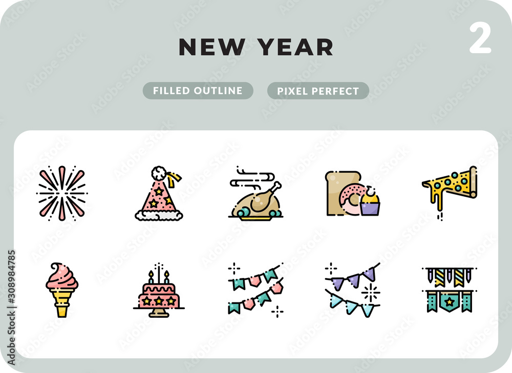 New Year Filled Icons Pack for UI. Pixel perfect thin line vector icon set for web design and website application. New Year Filled Icons Pack for UI. Pixel perfect thin line vector icon set for web design and website application.