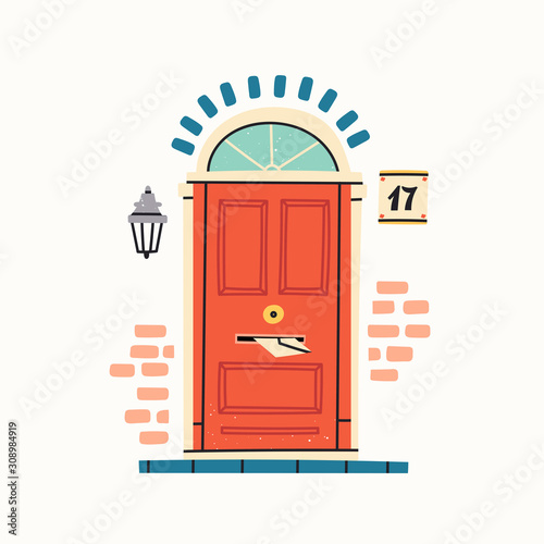 Beautiful Red retro vintage Front Door. Lamp on a brick wall. Building number. House Exterior. Home Entrance. Hand drawn colored vector illustration. Isolated on a white background