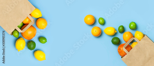 Fototapeta Naklejka Na Ścianę i Meble -  Creative background with tropical fruits. Orange, lemon, lime, grapefruit drop out of paper bag on blue background. Flat lay top view copy space. Food concept, vitamin C, disease prevention, flu