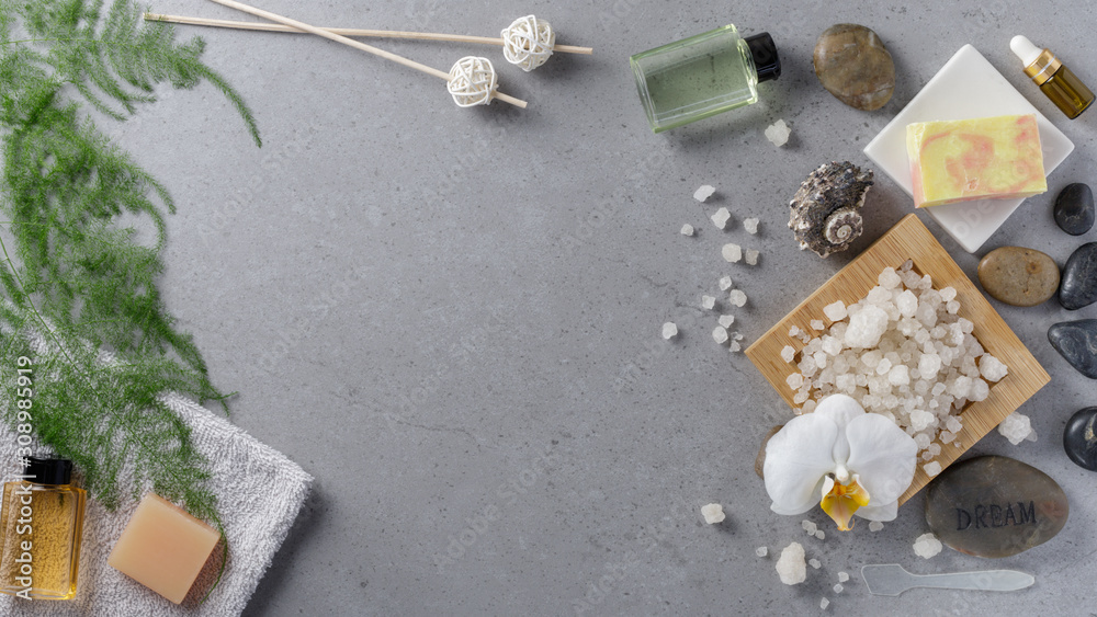 Dead sea salt, aromatic oil and homemade soap for bathing, massage, treatment, wellness and relaxation. SPA concept