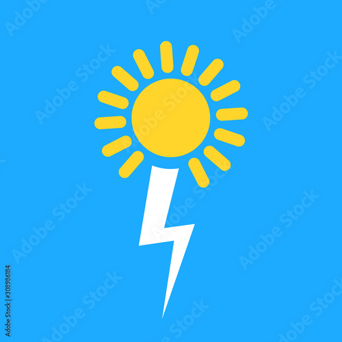 A bolt from the blue - thunderstorm is coming from sun and clear blue sky. Metaphor of unexpected and surprising weather. Vector illustration.