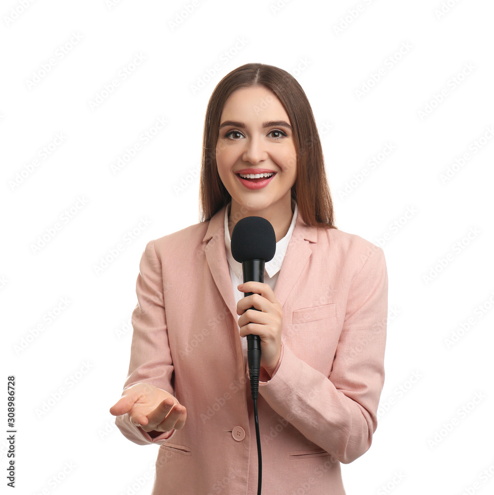 Young female journalist with microphone on white background Young female journalist with microphone on white background