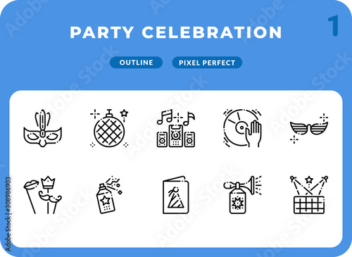 Party Celebration Dashed Outline Icons Pack for UI. Pixel perfect thin line vector icon set for web design and website application.