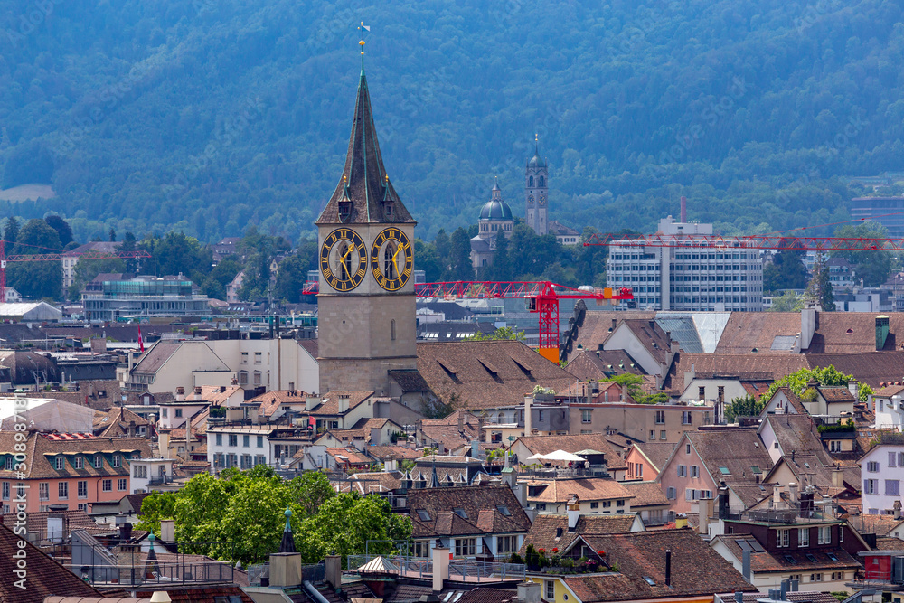Aerial view of city rooftops and towers. Zurich. Switzerland.