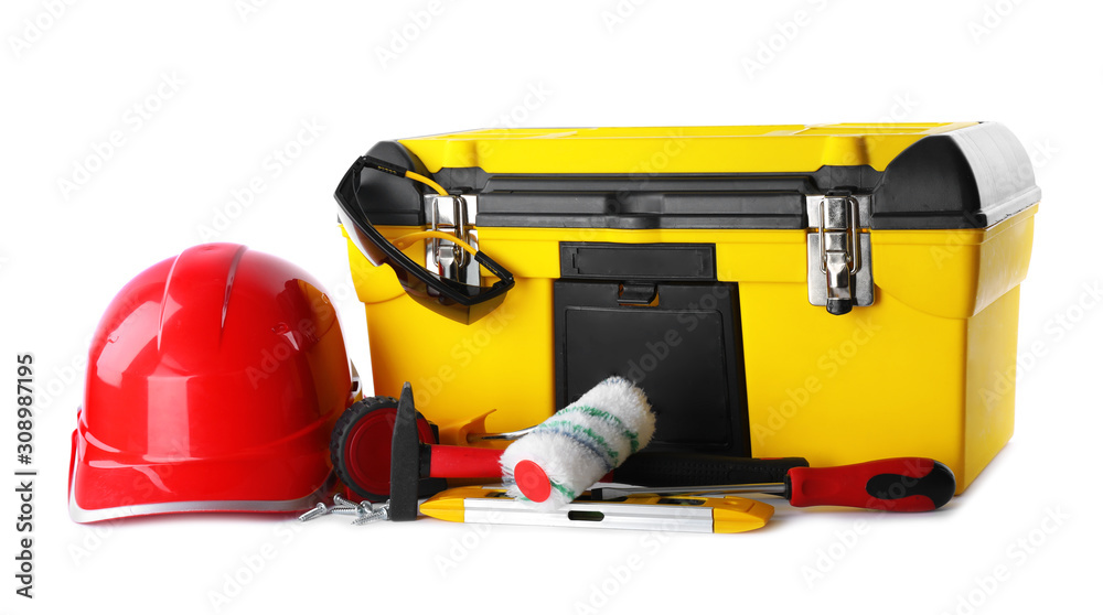 Different construction tools and box isolated on white Different construction tools and box isolated on white