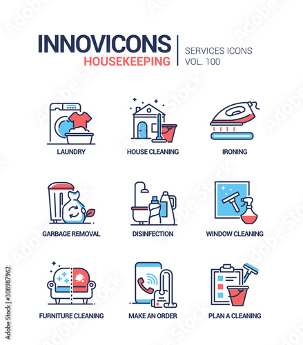 Housekeeping services - vector line design style icons set