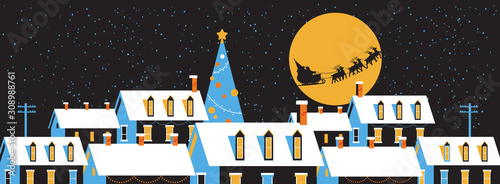 santa flying in sleigh with reindeers in night sky over snowy village houses merry christmas happy new year winter holidays concept greeting card flat horizontal vector illustration