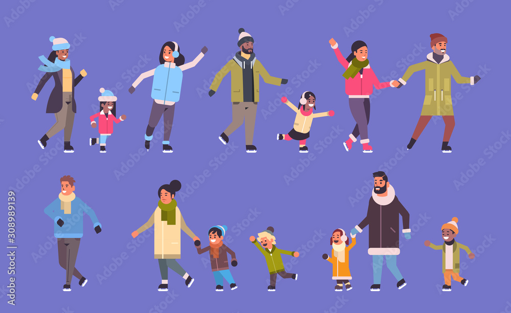 Fototapeta premium set people skating on ice rink winter sport activity recreation at holidays concept mix race parents with children spending time together full length horizontal banner vector illustration