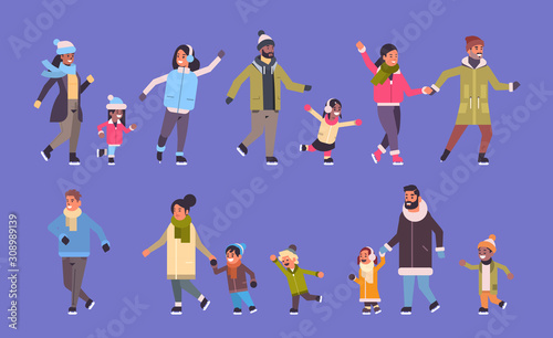set people skating on ice rink winter sport activity recreation at holidays concept mix race parents with children spending time together full length horizontal banner vector illustration