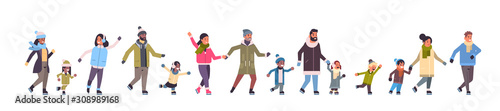 people skating on ice rink winter sport activity recreation at holidays concept mix race parents with children spending time together full length horizontal banner vector illustration