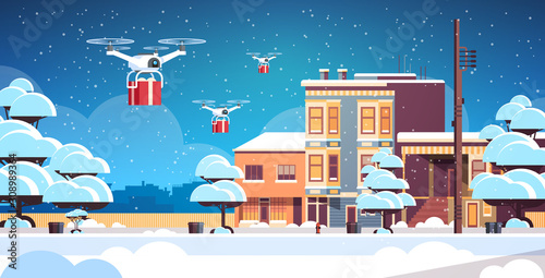 delivery drones carrying gift present boxes merry christmas happy new year winter holiday airmail concept modern snowy city street cityscape background horizontal vector illustration