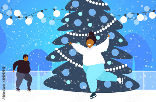 fat couple at ice-skating rink with fir tree merry christmas new year holidays concept overweight african american man woman spending time together full length horizontal vector illustration