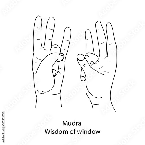 Fingers yoga is mudra the wisdom of the window. Outline black and white pattern on white isolated background. Vector illustration.