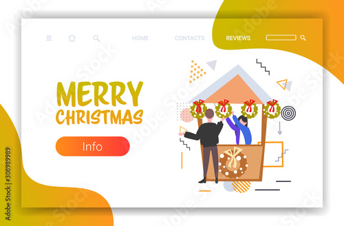 man buying green wreath with red bow in stall with female seller christmas market winter fair concept happy new year merry xmas holidays celebration full length sketch horizontal vector illustration