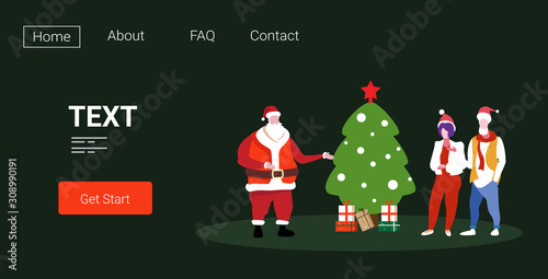 senior couple standing with santa claus near fir tree merry christmas happy new year holiday celebration concept greeting card horizontal full length copy space vector illustration