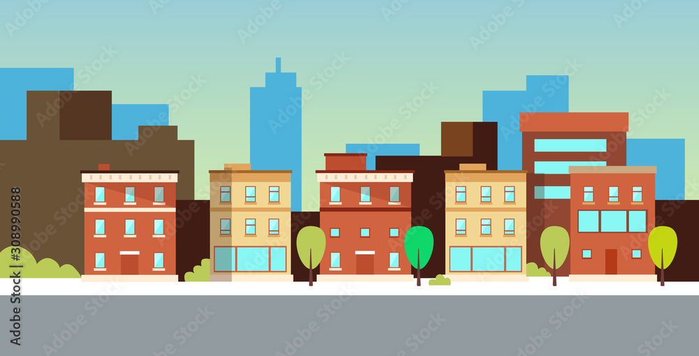 urban landscape or cityscape with buildings modern residential area city street flat horizontal vector illustration